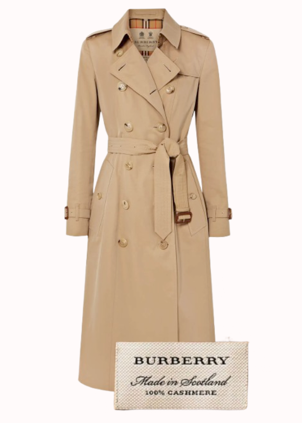 Trench-coat long en cachemire beige avec ceinture, signé Burberry