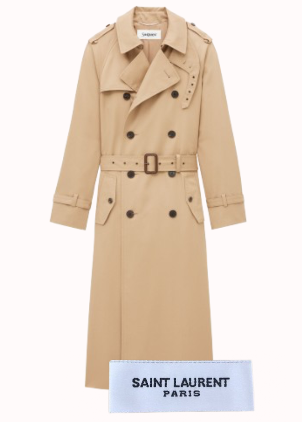Trench-coat beige long à col large avec ceinture, signé Saint Laurent Paris
