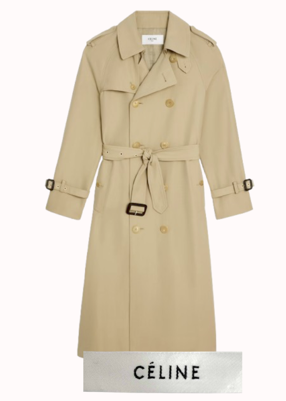 Trench-coat long beige à ceinture fine, signé Céline