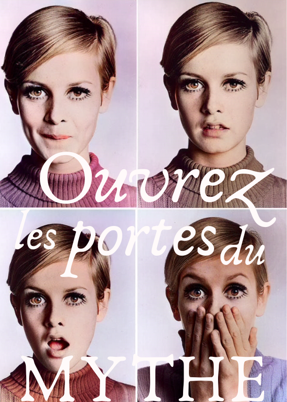 Portrait de Twiggy, quatre expressions emblématiques, accompagnés du texte 